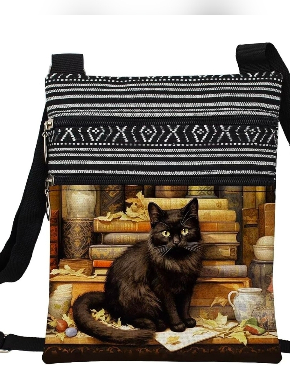 Black Cat & Books Crossbody Bag Bookish Boho Motif Artistic Pattern Print NWT